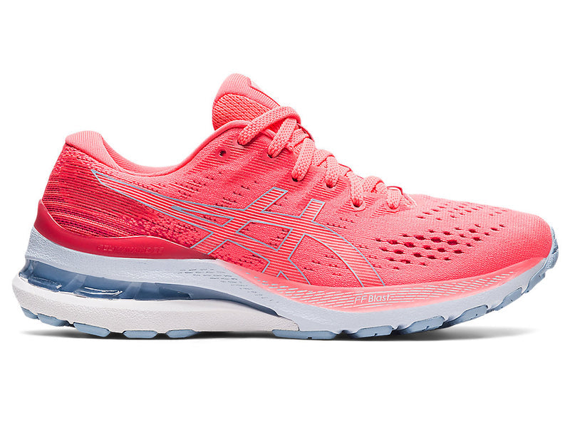 Women's Asics Gel-Kayano 28, Blazing Coral/Mist, 7.5 D Wide