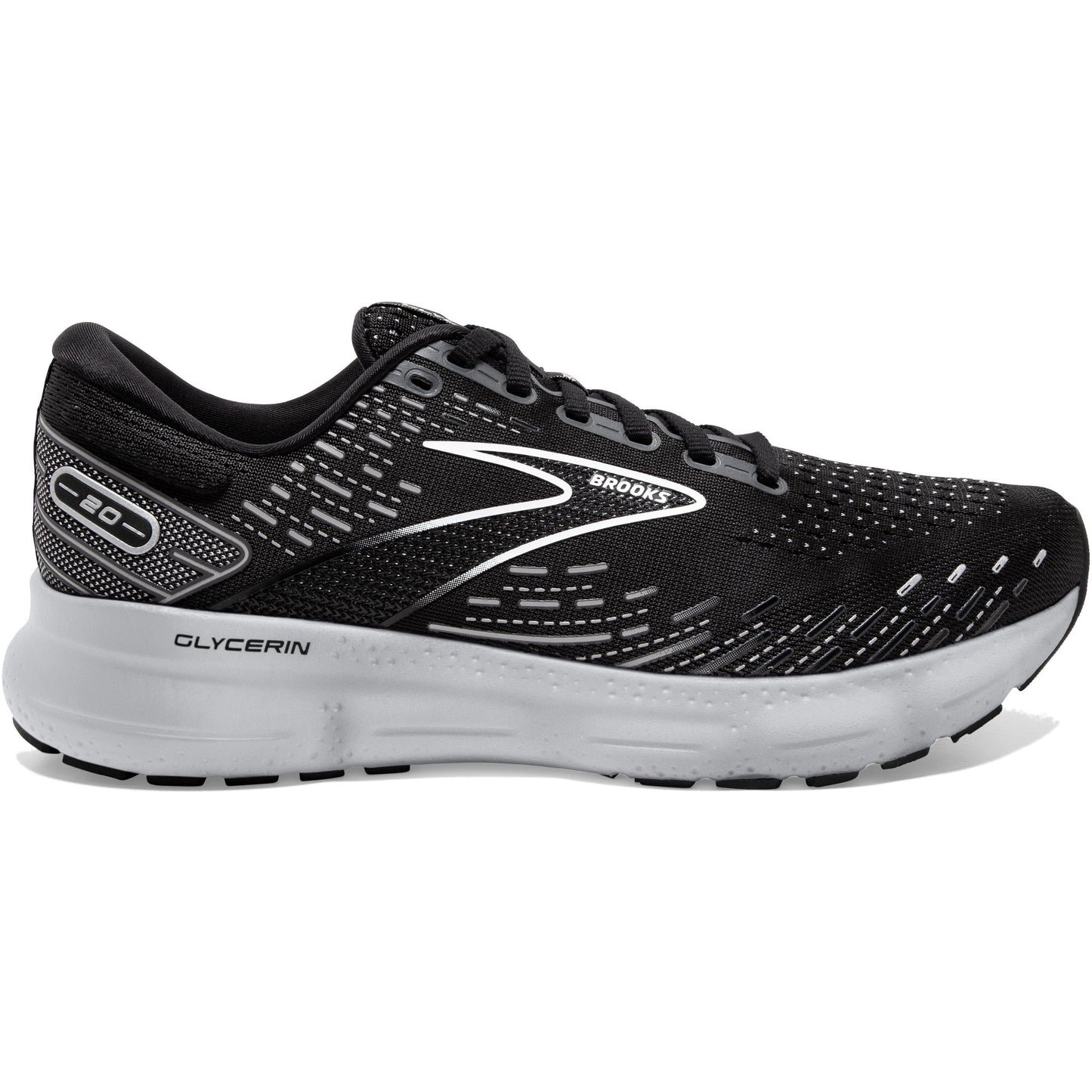 Men's Brooks Glycerin 20, Black/White/Alloy, 8.5 2E Wide