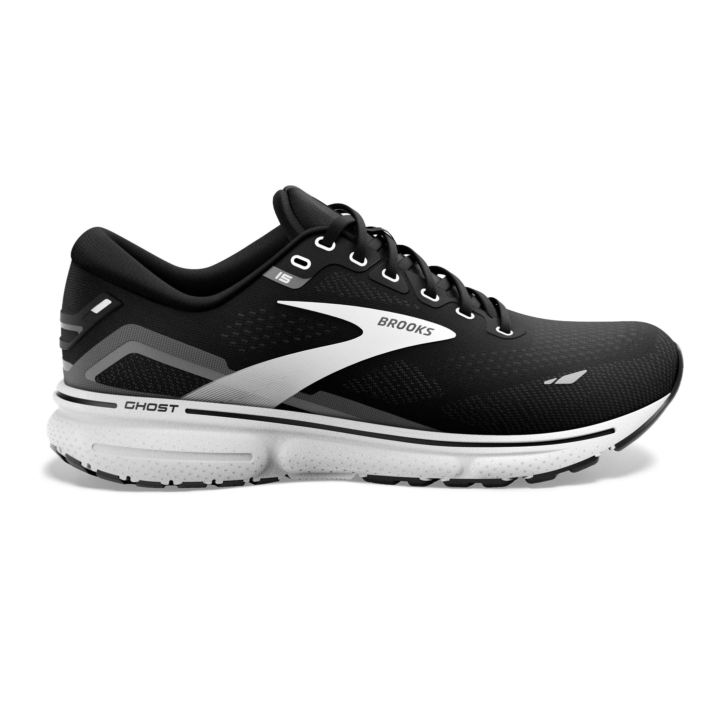 Men's Brooks Ghost 15, Black/Blackened Pearl/White, 14 2E Wide