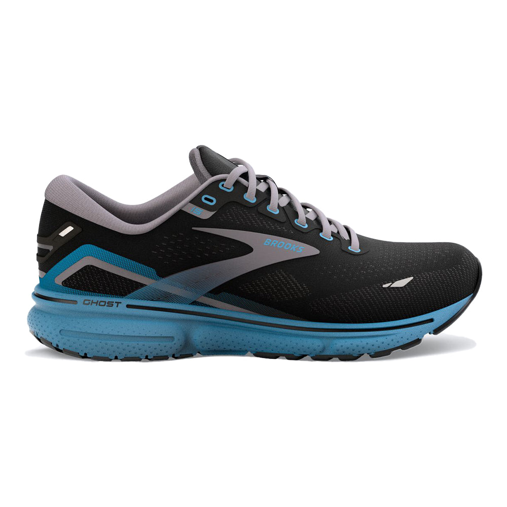 Men's Brooks Ghost 15, Black/Blackened Pearl/Blue, 7.5 D Medium