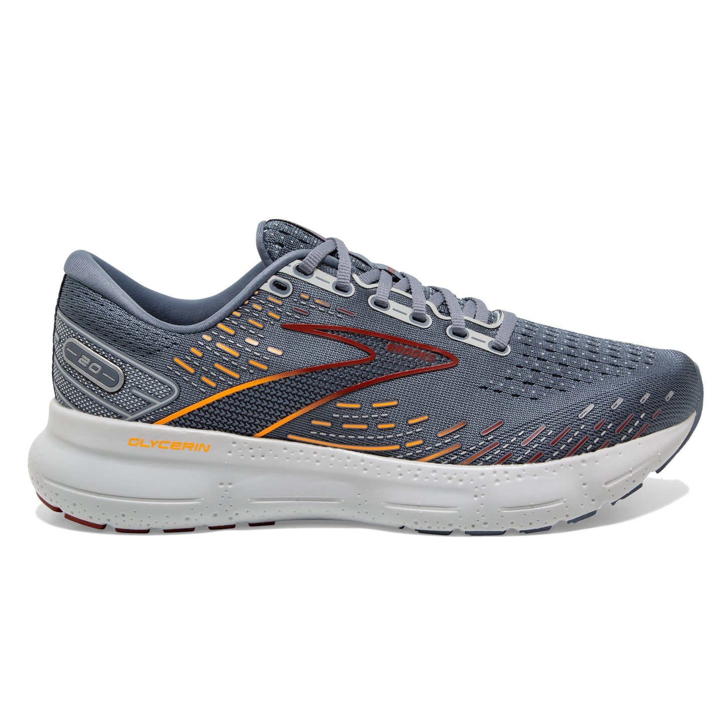 Men's Brooks Glycerin 20, Grey/Chili Oil/Orange, 10.5 D Medium