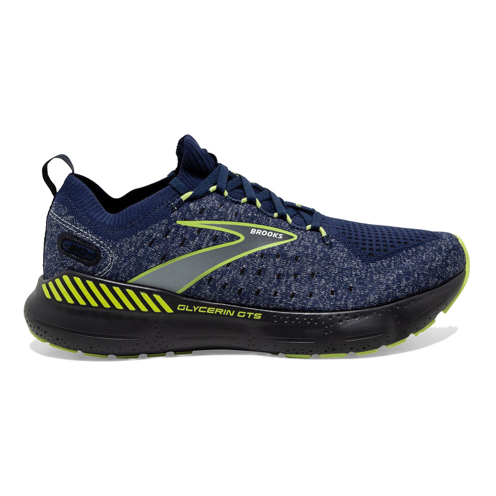 Men's Brooks Glycerin StealthFit GTS 20, Blue/Ebony/Lime, 15 D Medium